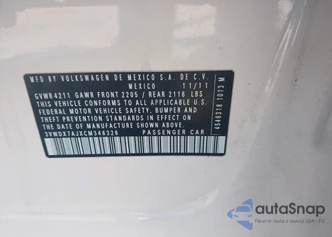 2012 Volkswagen Jetta 2.5L Se из США, поврежденный, VIN 3VWDX7AJXCM346326